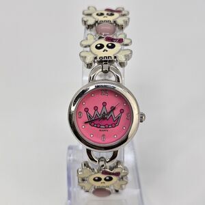 24MM Women's Watch Queen Pink Dial Skulls Gray Band 6.5" New Battery
